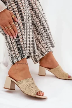 Discount Boto Klapki Damskie Z Plecionką Na Obcasie Beżowe Ciariloria Beżowy