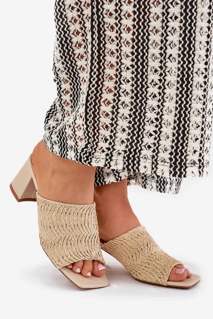 Discount Boto Klapki Damskie Z Plecionką Na Obcasie Beżowe Ciariloria Beżowy