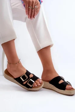 Boto Klapki Damskie Klasyczne*Klapki Damskie Z Plecionką Eko Zamszowe Czarne Zaloemi Czarny