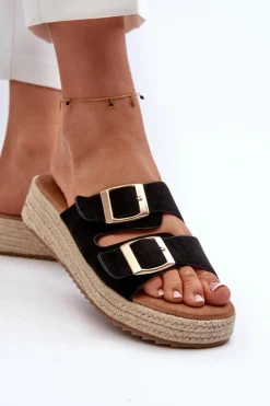 Boto Klapki Damskie Klasyczne*Klapki Damskie Z Plecionką Eko Zamszowe Czarne Zaloemi Czarny