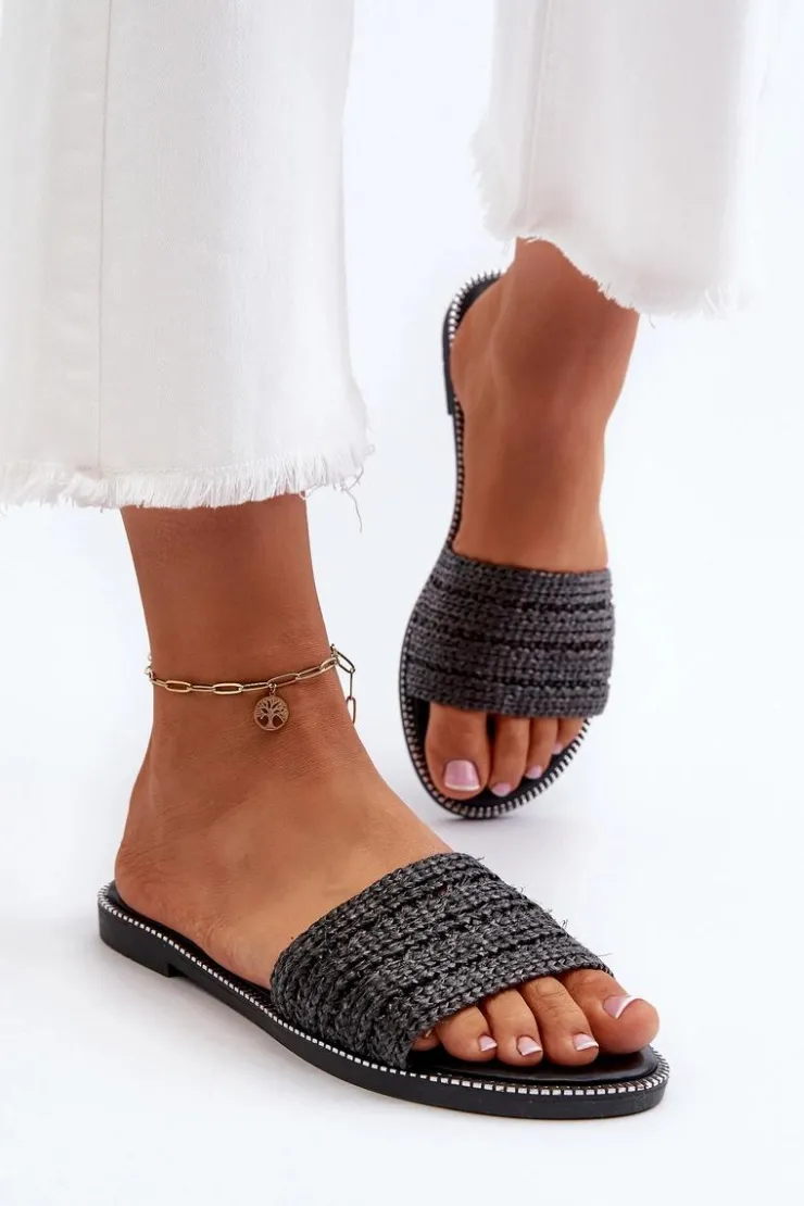 Online Boto Klapki Damskie Z Plecionką Na Płaskim Obcasie Czarne Radians