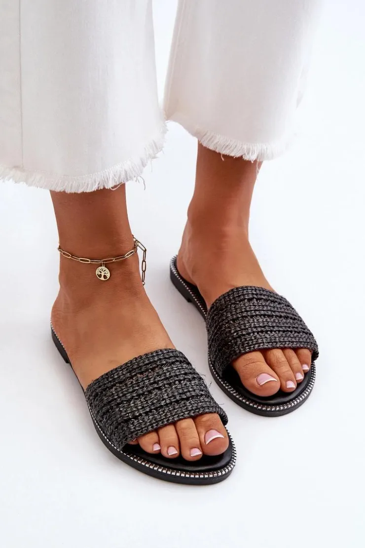 Online Boto Klapki Damskie Z Plecionką Na Płaskim Obcasie Czarne Radians