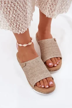 New Boto Klapki Damskie Z Plecionką Na Koturnie Beżowe Norozi