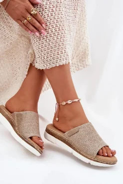 New Boto Klapki Damskie Z Plecionką Na Koturnie Beżowe Norozi