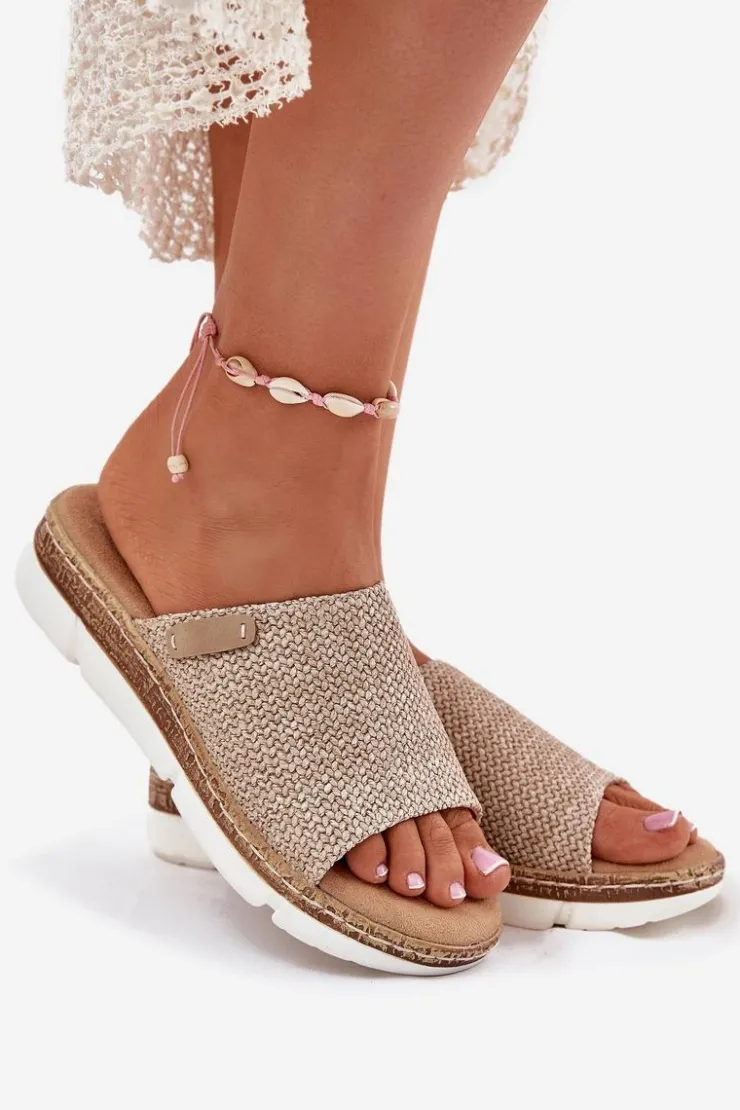 New Boto Klapki Damskie Z Plecionką Na Koturnie Beżowe Norozi