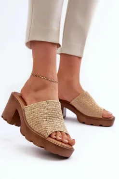 Evento Klapki Na Obcasie|Klapki Damskie Klasyczne*Klapki Damskie z Plecionką Na Obcasie Beżowe Titantha