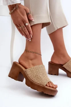 Evento Klapki Na Obcasie|Klapki Damskie Klasyczne*Klapki Damskie z Plecionką Na Obcasie Beżowe Titantha