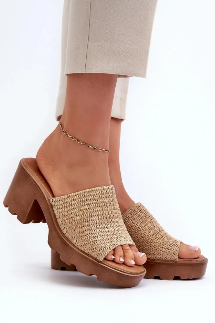 Evento Klapki Na Obcasie|Klapki Damskie Klasyczne*Klapki Damskie z Plecionką Na Obcasie Beżowe Titantha