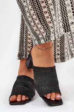 Damskie Boto Klapki Damskie Z Plecionką Na Obcasie Czarne Ciariloria