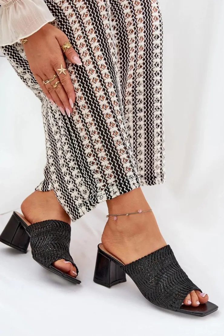 Damskie Boto Klapki Damskie Z Plecionką Na Obcasie Czarne Ciariloria