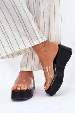 New Boto Klapki Damskie Z Transparentnym Paskiem Na Koturnie Czarne Meltiana Czarny