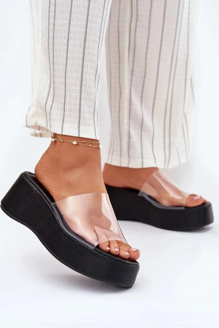 New Boto Klapki Damskie Z Transparentnym Paskiem Na Koturnie Czarne Meltiana Czarny