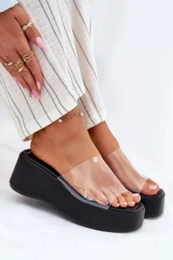 New Boto Klapki Damskie Z Transparentnym Paskiem Na Koturnie Czarne Meltiana Czarny