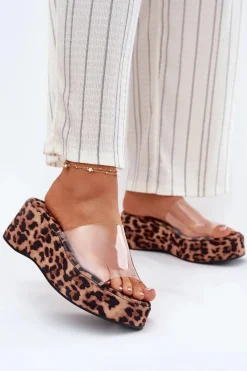 Boto Klapki Na Koturnie|Klapki Na Platformie*Klapki Damskie Z Transparentnym Paskiem Na Koturnie Panterka Meltiana Brązowy