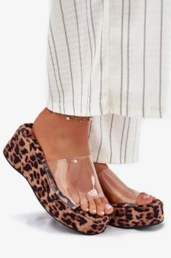 Boto Klapki Na Koturnie|Klapki Na Platformie*Klapki Damskie Z Transparentnym Paskiem Na Koturnie Panterka Meltiana Brązowy