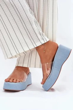 Damskie Boto Klapki Damskie Z Transparentnym Paskiem Na Koturnie Jeansowe Meltiana