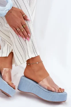 Damskie Boto Klapki Damskie Z Transparentnym Paskiem Na Koturnie Jeansowe Meltiana