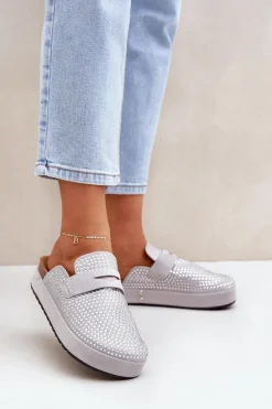 Damskie Boto Klapki Damskie Zdobione Cyrkoniami Na Platformie Szare Deorani