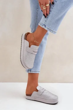 Damskie Boto Klapki Damskie Zdobione Cyrkoniami Na Platformie Szare Deorani