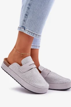 Damskie Boto Klapki Damskie Zdobione Cyrkoniami Na Platformie Szare Deorani