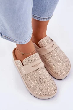 Hot Boto Klapki Damskie Zdobione Cyrkoniami Na Platformie Beżowe Deorani Beżowy