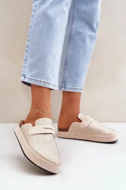 Hot Boto Klapki Damskie Zdobione Cyrkoniami Na Platformie Beżowe Deorani Beżowy