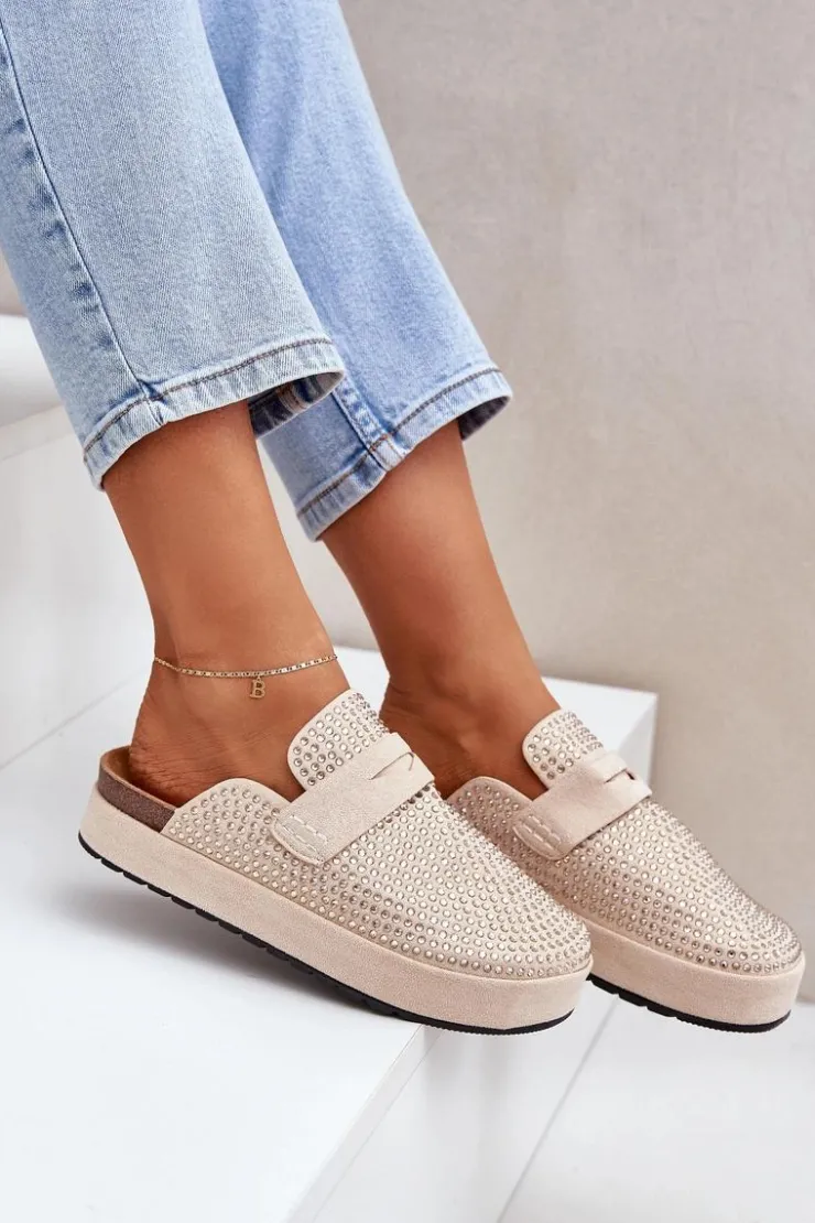 Hot Boto Klapki Damskie Zdobione Cyrkoniami Na Platformie Beżowe Deorani Beżowy