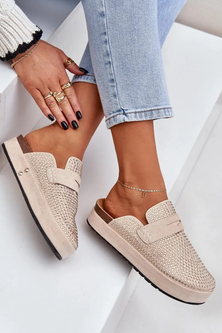 Hot Boto Klapki Damskie Zdobione Cyrkoniami Na Platformie Beżowe Deorani Beżowy