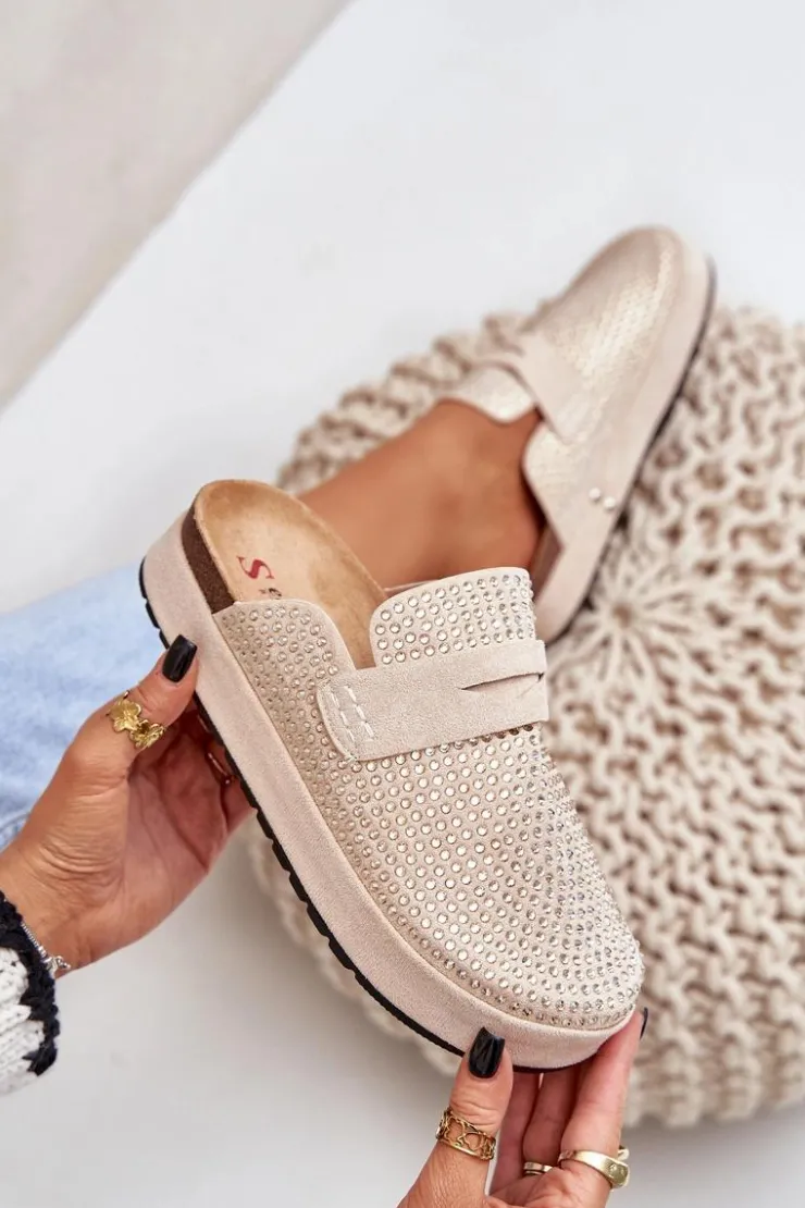 Hot Boto Klapki Damskie Zdobione Cyrkoniami Na Platformie Beżowe Deorani Beżowy