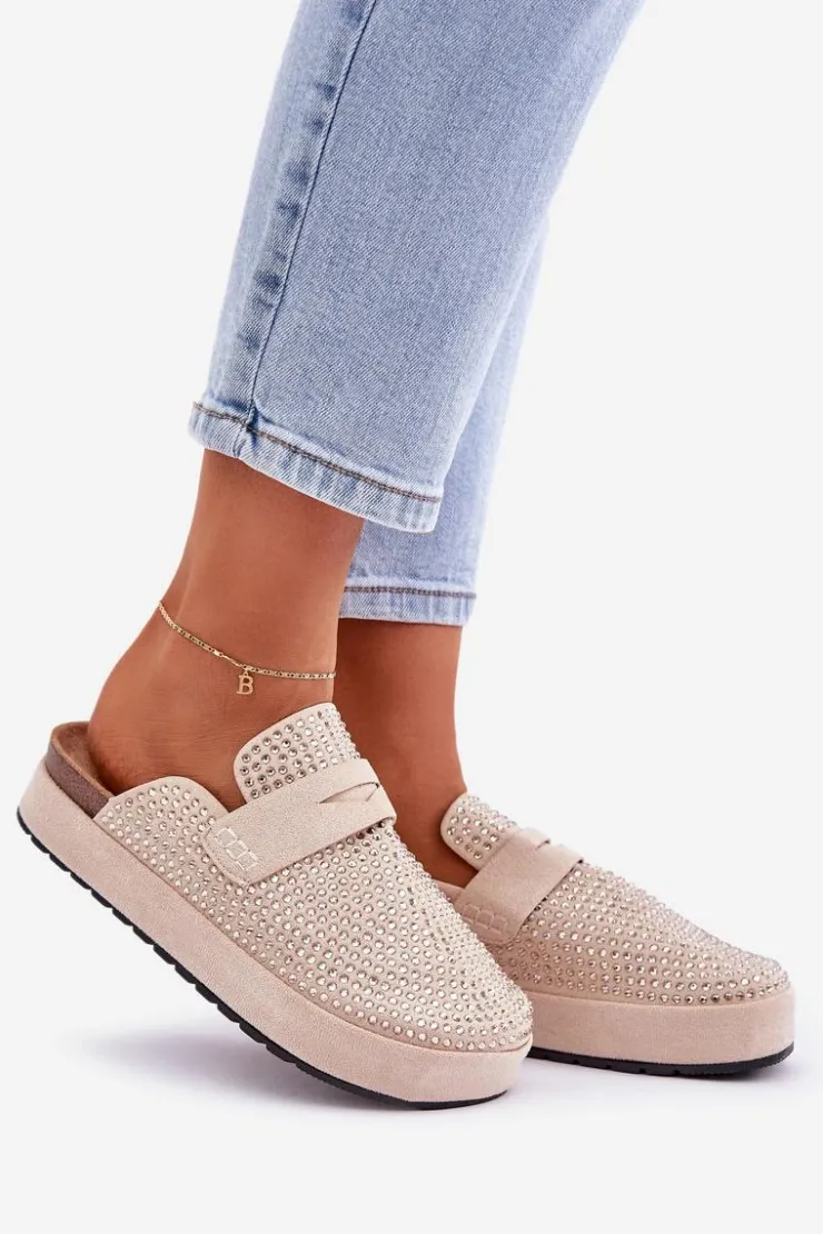 Hot Boto Klapki Damskie Zdobione Cyrkoniami Na Platformie Beżowe Deorani Beżowy