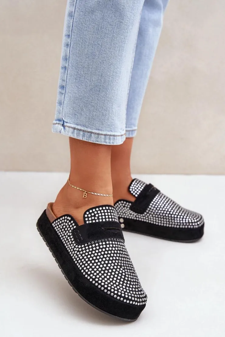 Boto Klapki Na Platformie|Klapki Damskie Klasyczne*Klapki Damskie Zdobione Cyrkoniami Na Platformie Czarne Deorani Czarny