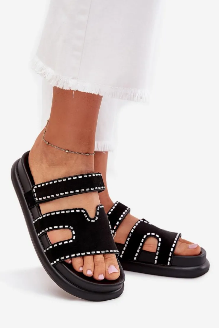 Outlet Boto Klapki Damskie Ze Zdobieniem Na Platformie Czarne Delyna Czarny