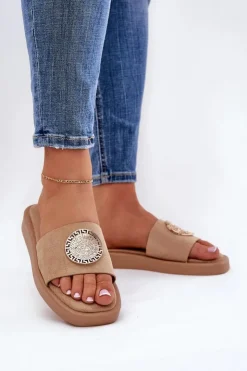 Damskie Boto Klapki Damskie Ze Złotą Ozdobą Beżowe Kaliora