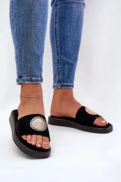 Boto Klapki Na Platformie|Klapki Damskie Klasyczne*Klapki Damskie Ze Złotą Ozdobą Czarne Kaliora Czarny