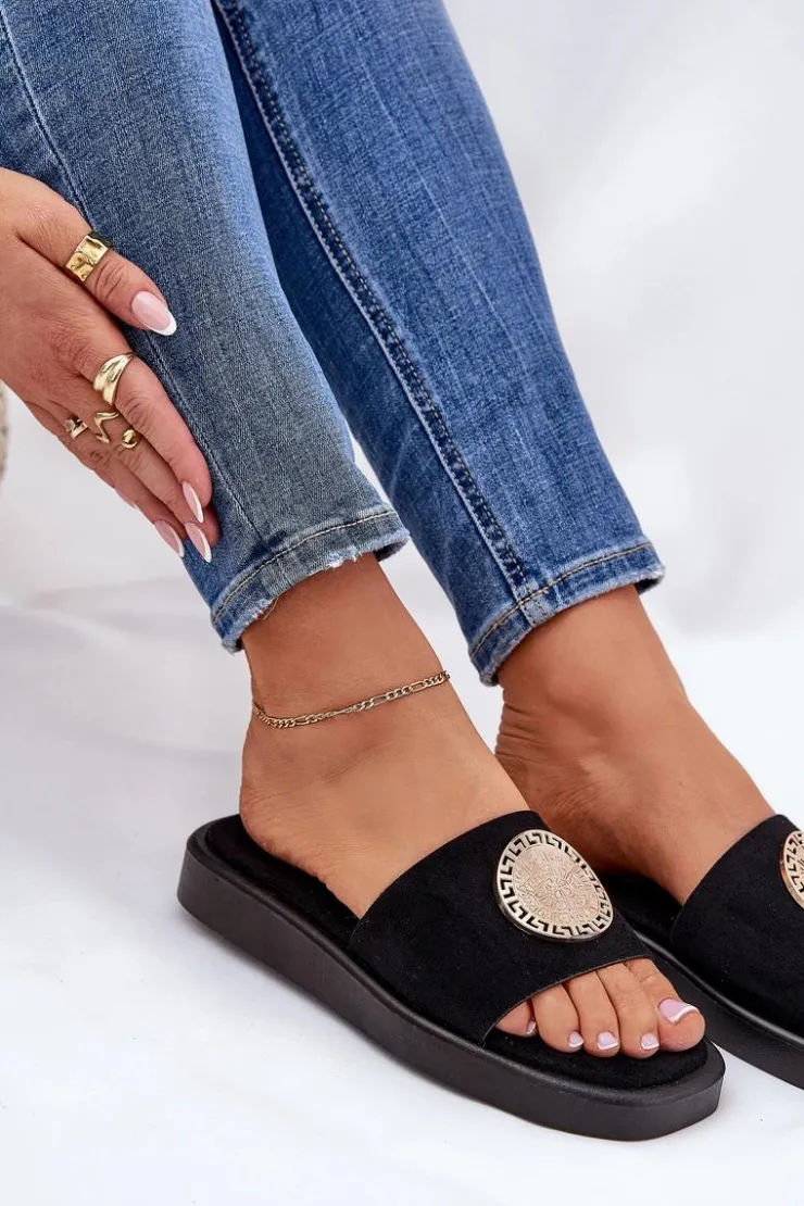 Boto Klapki Na Platformie|Klapki Damskie Klasyczne*Klapki Damskie Ze Złotą Ozdobą Czarne Kaliora Czarny