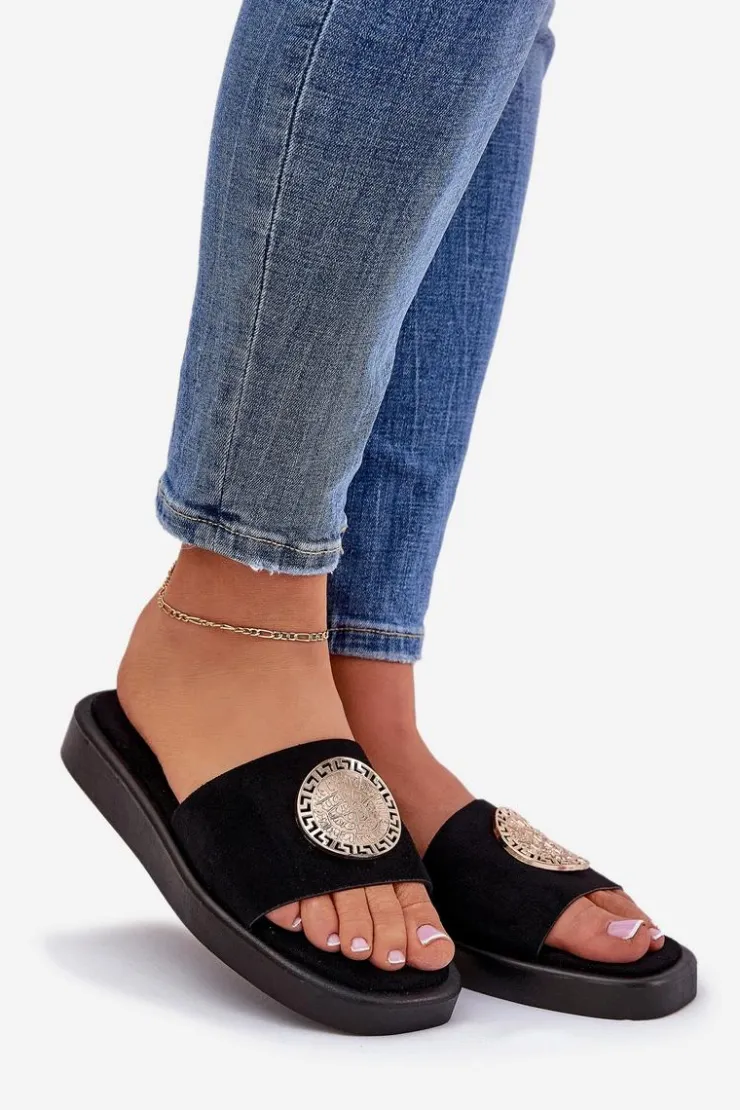 Boto Klapki Na Platformie|Klapki Damskie Klasyczne*Klapki Damskie Ze Złotą Ozdobą Czarne Kaliora Czarny