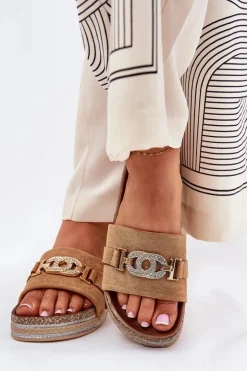 Boto Klapki Korkowe|Klapki Na Platformie*Klapki Damskie Ze Złotym Detalem Na Platformie Z Brokatem Camel Eanes Brązowy