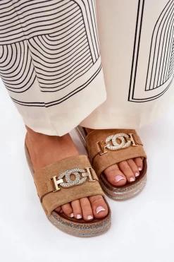 Boto Klapki Korkowe|Klapki Na Platformie*Klapki Damskie Ze Złotym Detalem Na Platformie Z Brokatem Camel Eanes Brązowy