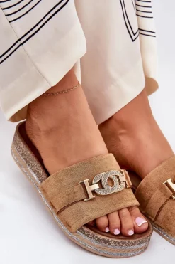 Boto Klapki Korkowe|Klapki Na Platformie*Klapki Damskie Ze Złotym Detalem Na Platformie Z Brokatem Camel Eanes Brązowy