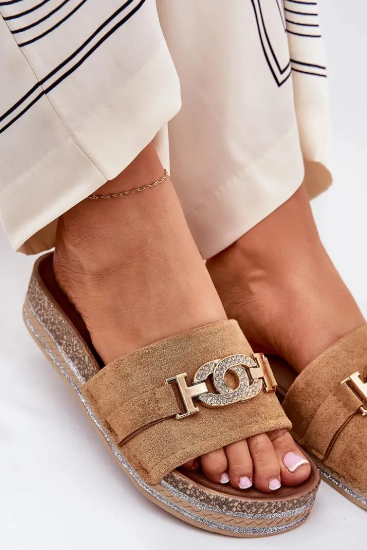 Boto Klapki Korkowe|Klapki Na Platformie*Klapki Damskie Ze Złotym Detalem Na Platformie Z Brokatem Camel Eanes Brązowy