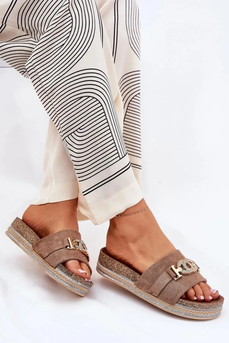 Best Boto Klapki Damskie Ze Złotym Detalem Na Platformie Z Brokatem Khaki Eanes