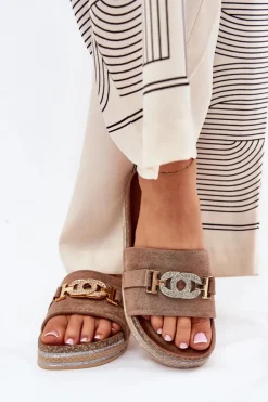 Best Boto Klapki Damskie Ze Złotym Detalem Na Platformie Z Brokatem Khaki Eanes