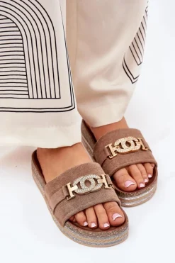 Best Boto Klapki Damskie Ze Złotym Detalem Na Platformie Z Brokatem Khaki Eanes