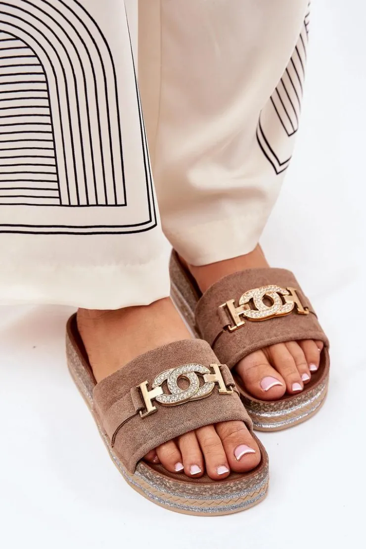 Best Boto Klapki Damskie Ze Złotym Detalem Na Platformie Z Brokatem Khaki Eanes