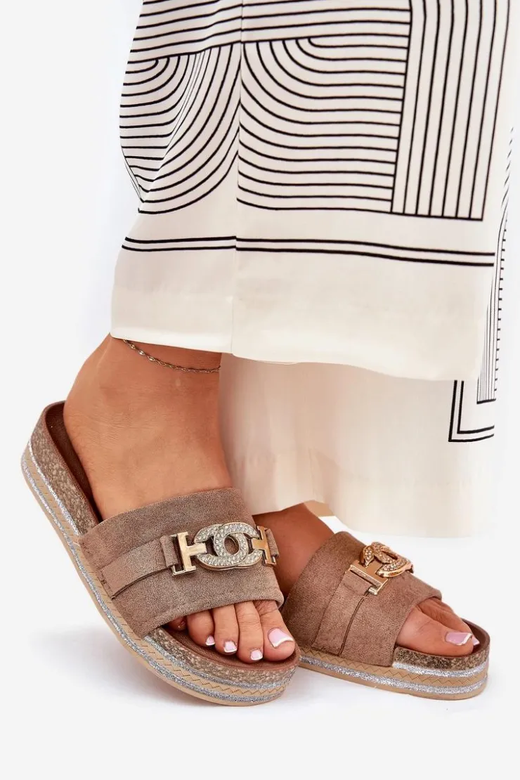 Best Boto Klapki Damskie Ze Złotym Detalem Na Platformie Z Brokatem Khaki Eanes