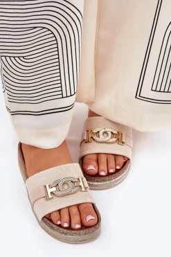 Boto Klapki Korkowe|Klapki Na Platformie*Klapki Damskie Ze Złotym Detalem Na Platformie Z Brokatem Beżowe Eanes