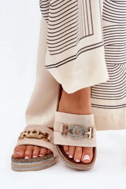 Boto Klapki Korkowe|Klapki Na Platformie*Klapki Damskie Ze Złotym Detalem Na Platformie Z Brokatem Beżowe Eanes