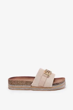 Boto Klapki Korkowe|Klapki Na Platformie*Klapki Damskie Ze Złotym Detalem Na Platformie Z Brokatem Beżowe Eanes