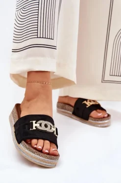 Damskie Boto Klapki Damskie Ze Złotym Detalem Na Platformie Z Brokatem Czarne Eanes