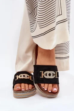 Damskie Boto Klapki Damskie Ze Złotym Detalem Na Platformie Z Brokatem Czarne Eanes